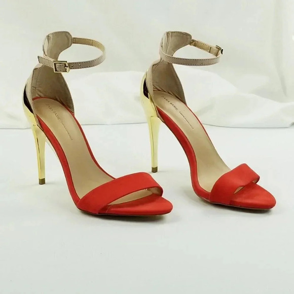 Zara Basic Size 36 (US 5.5-6) Women's Red Suede Ankle Strap Gold Heel Pumps - Picture 9 of 12